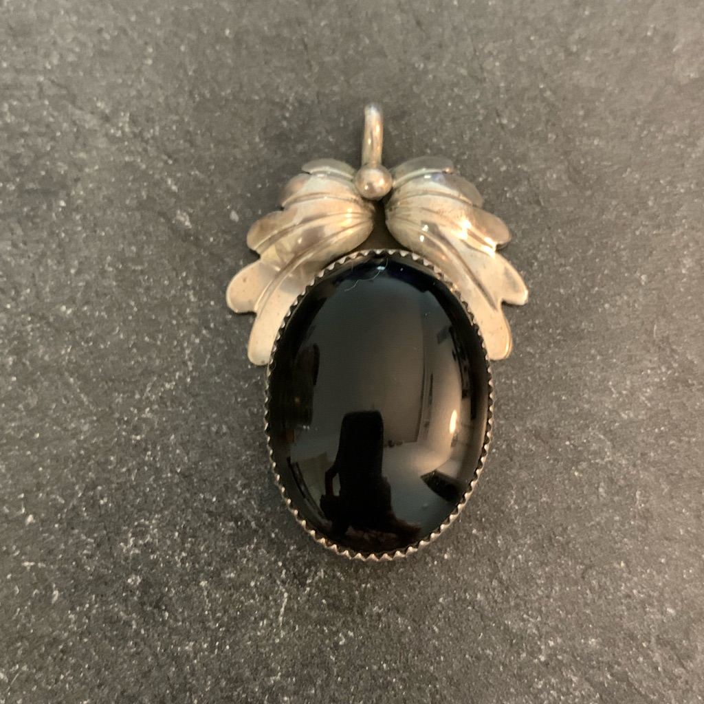 Vintage Large Native American, Navajo Ornate Pendant Sterling Silver & Onyx